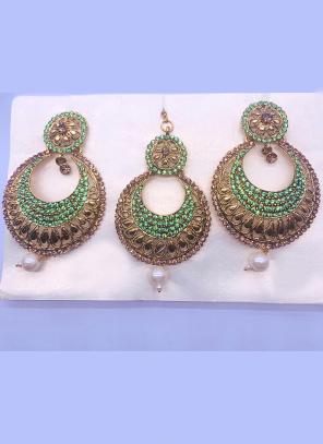 Light Green And Golden Chandbali Design Diamond Earrings With Maang Tikka